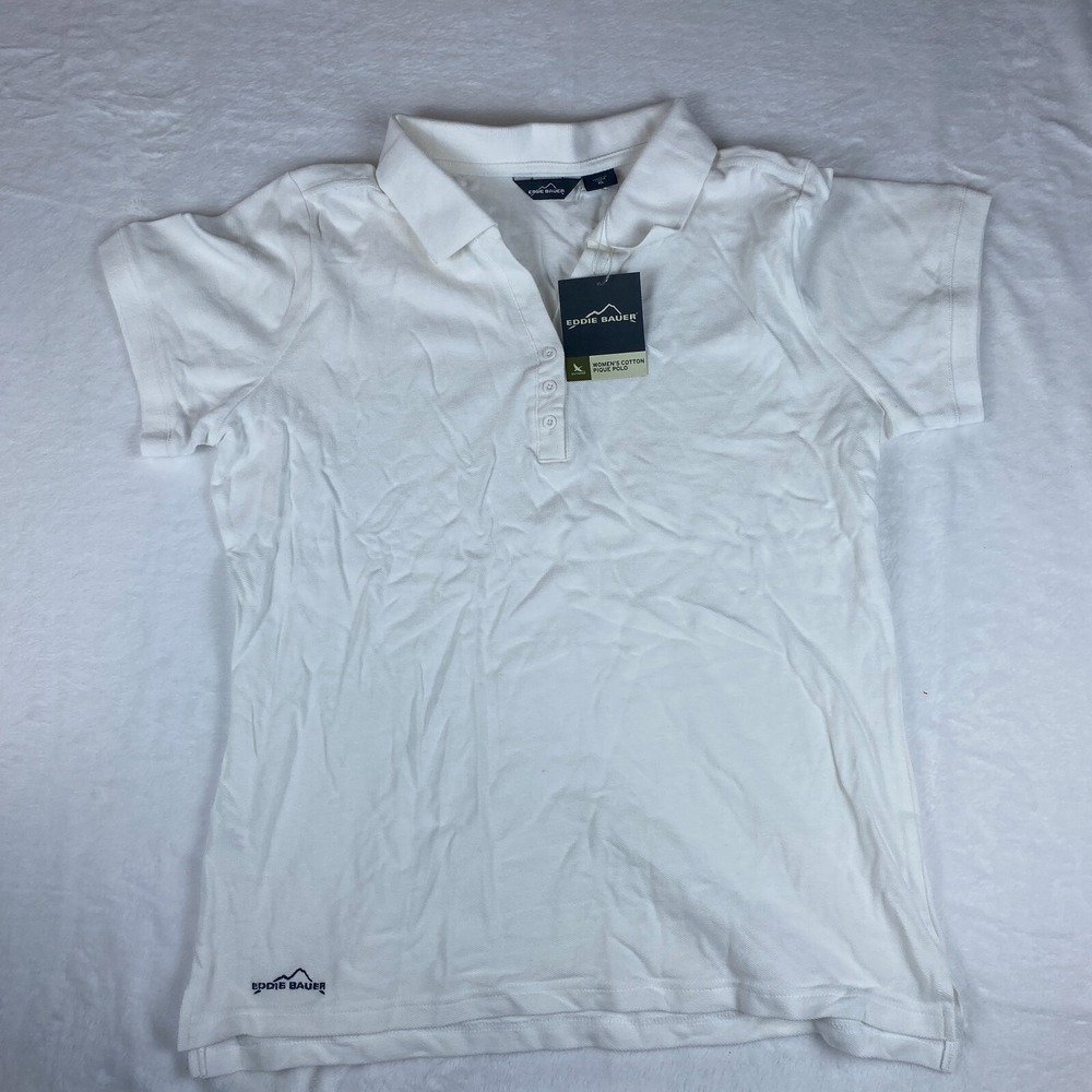 Eddie Bauer Polo Shirt Womens XL White Pique Knit High Low Slit Golf Performance